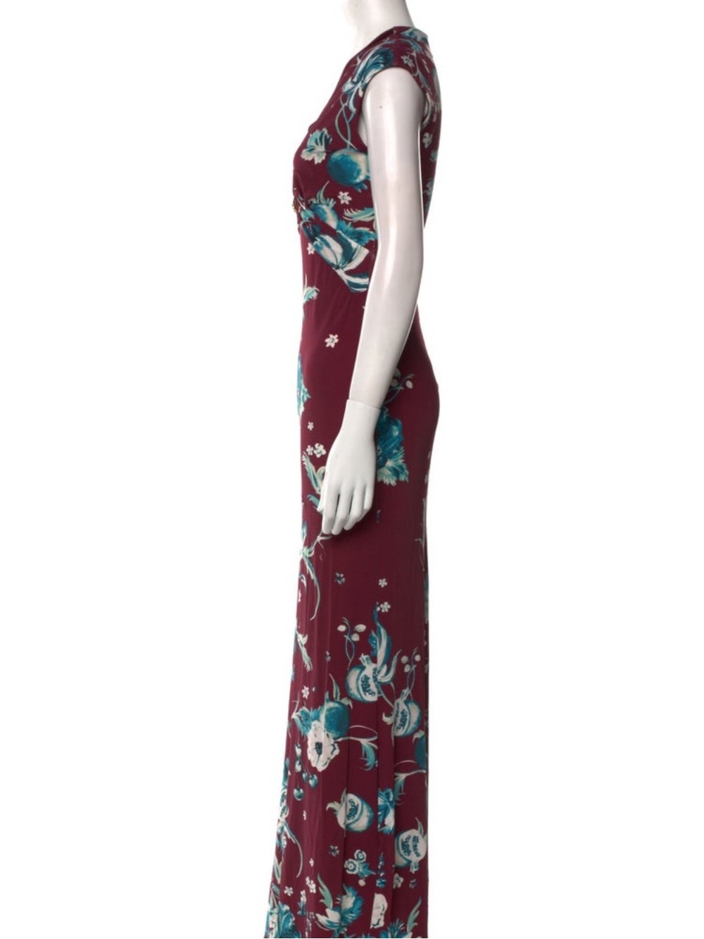 Roberto Cavalli Burgundy Maxi Dress with Teal Floral Print - Picture 2 of 3